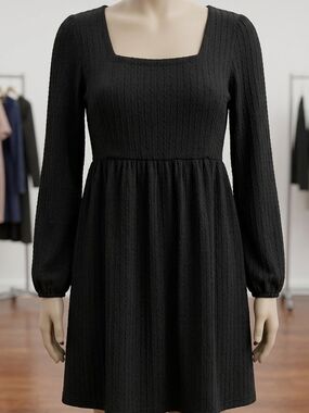 Black Long-Sleeve Square-Neck Women's Dress